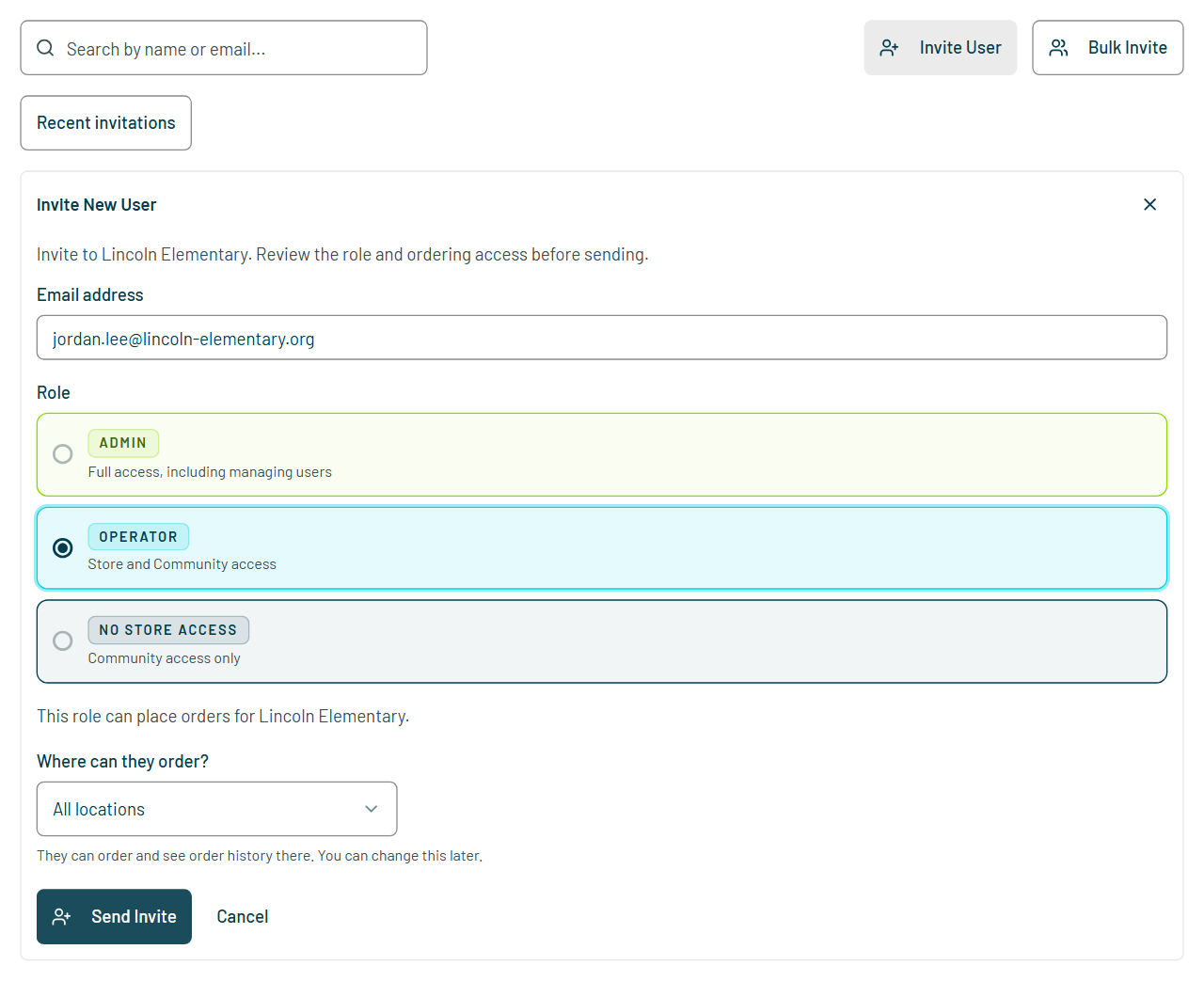 The Invite New User form with an email address typed, Operator chosen as the role, and Where can they order? showing two locations