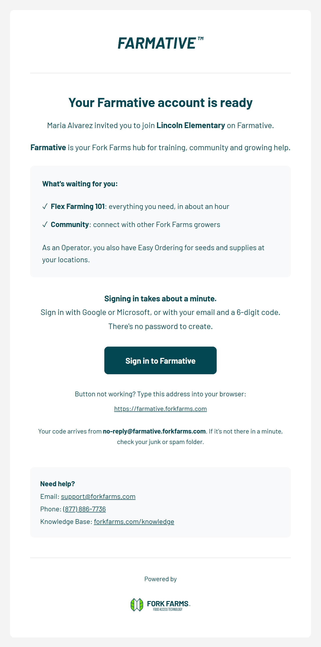 The Farmative invitation email: Your Farmative account is ready, who invited you and to which organization, what's waiting for you, and a Sign in to Farmative button