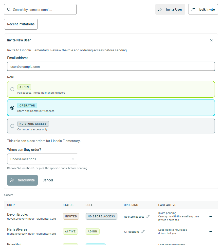 Inviting someone in Farmative: typing their email, choosing Operator, choosing All locations, pressing Send Invite, and seeing Invite sent