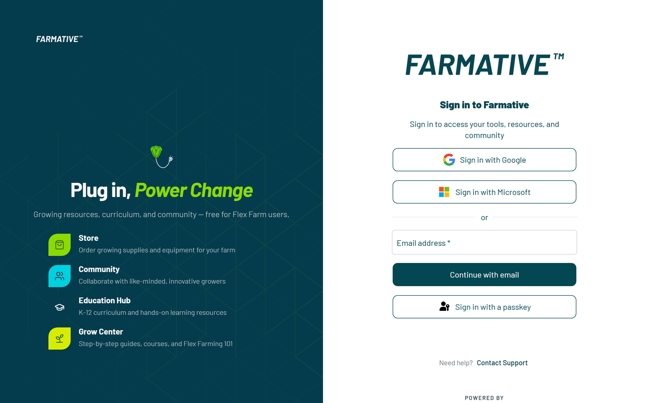 The Farmative sign-in page: Sign in with Google, Sign in with Microsoft, an email field with Continue with email, and Sign in with a passkey